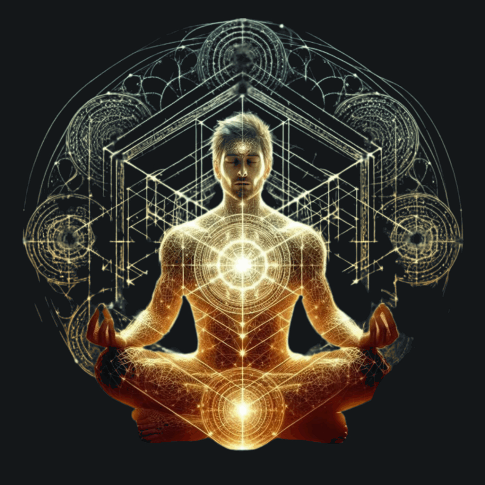 אדם במדיטציה עם מטריצה בזהב